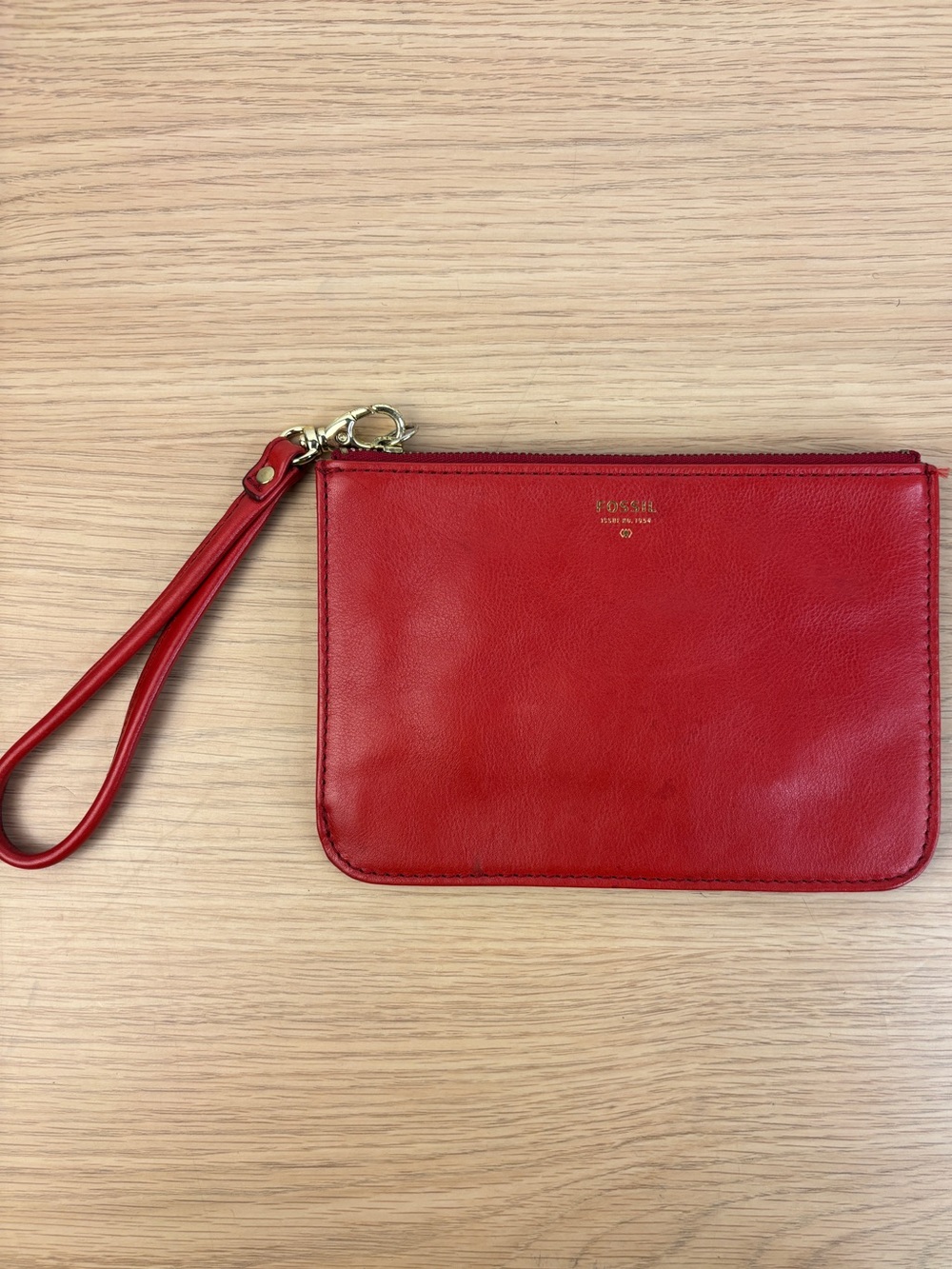Fossil Red Leather Zip Pouch Wristlet with Gold Logo Top Zip